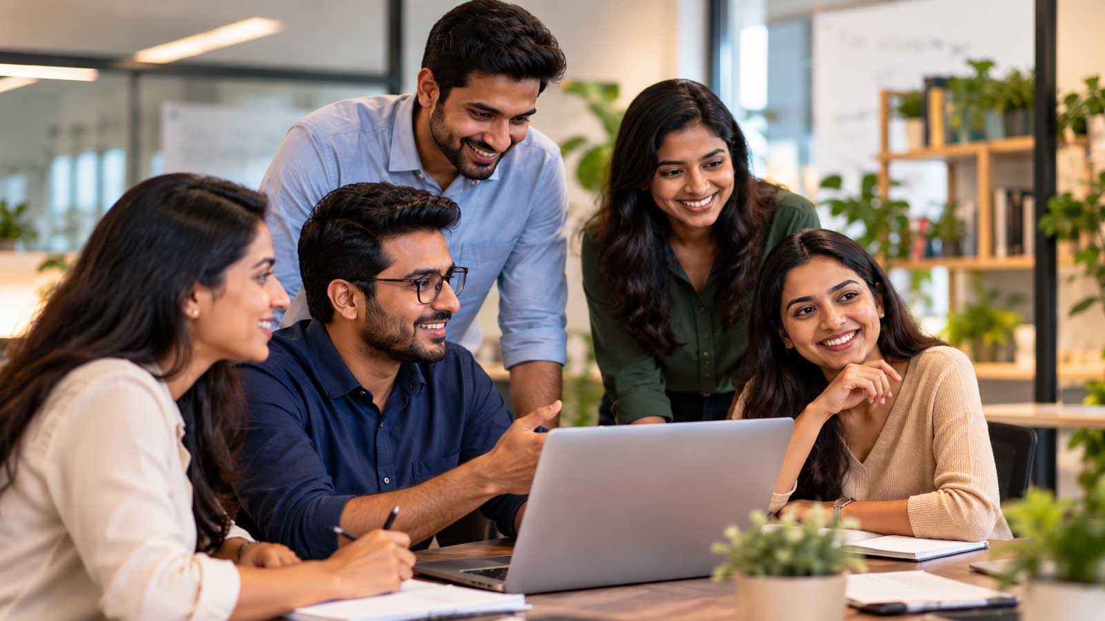Three colleagues laughing together over a laptop