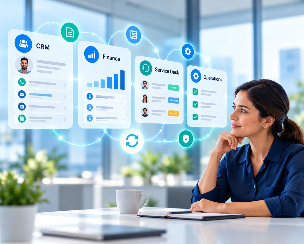Teams collaborating around CRM/finance screens or process board