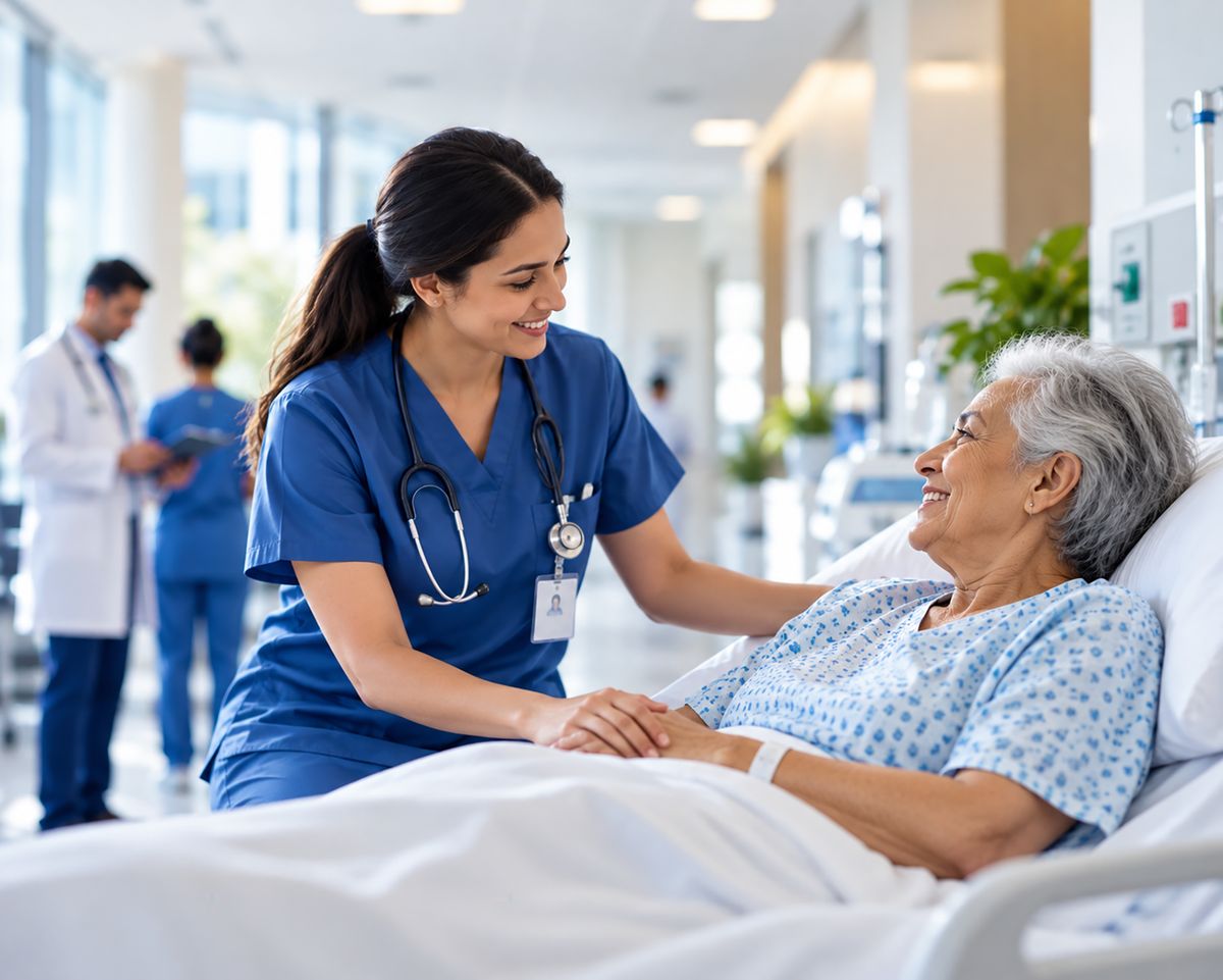 Real clinical or admin workflow scenes (tablet + EHR screens, care team reviewing connected data). Subtle overlay or inset of a clean dashboard/agent flow.