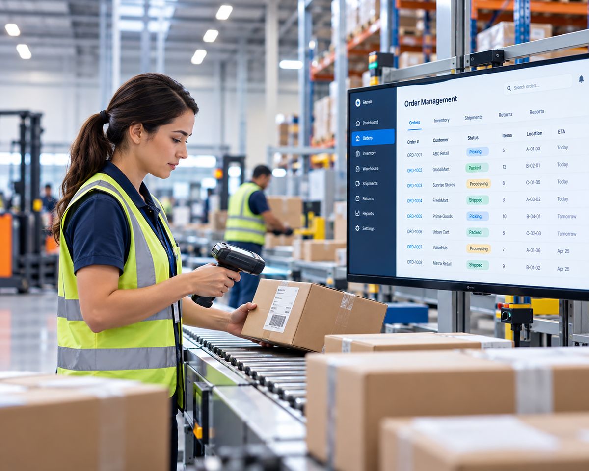 Actual warehouse floor + systems (handhelds, conveyor, WMS screens) preferably with robot/automation element